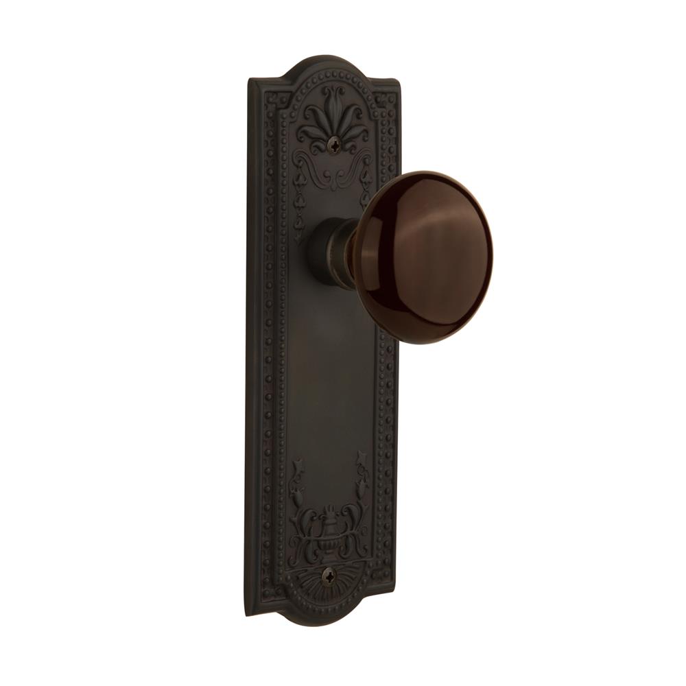 Nostalgic Warehouse MEABRN Privacy Knob Meadows Plate with Brown Porcelain Knob without Keyhole in Oil Rubbed Bronze
